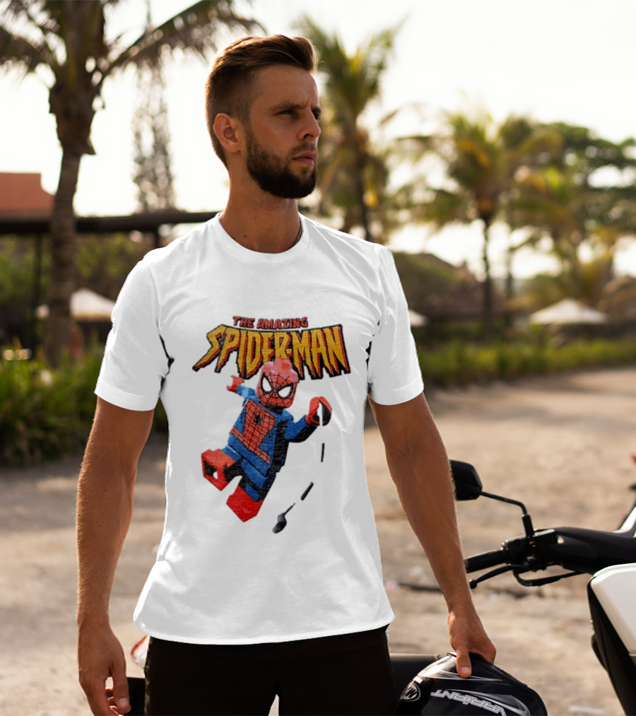 Spider Man The Amazing Lego Minifigure Swinging On Web Iconic Marvel Hero T-Shirt