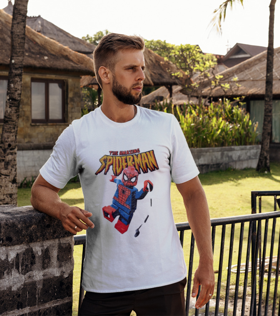 Spider Man The Amazing Lego Minifigure Swinging On Web Iconic Marvel Hero T-Shirt