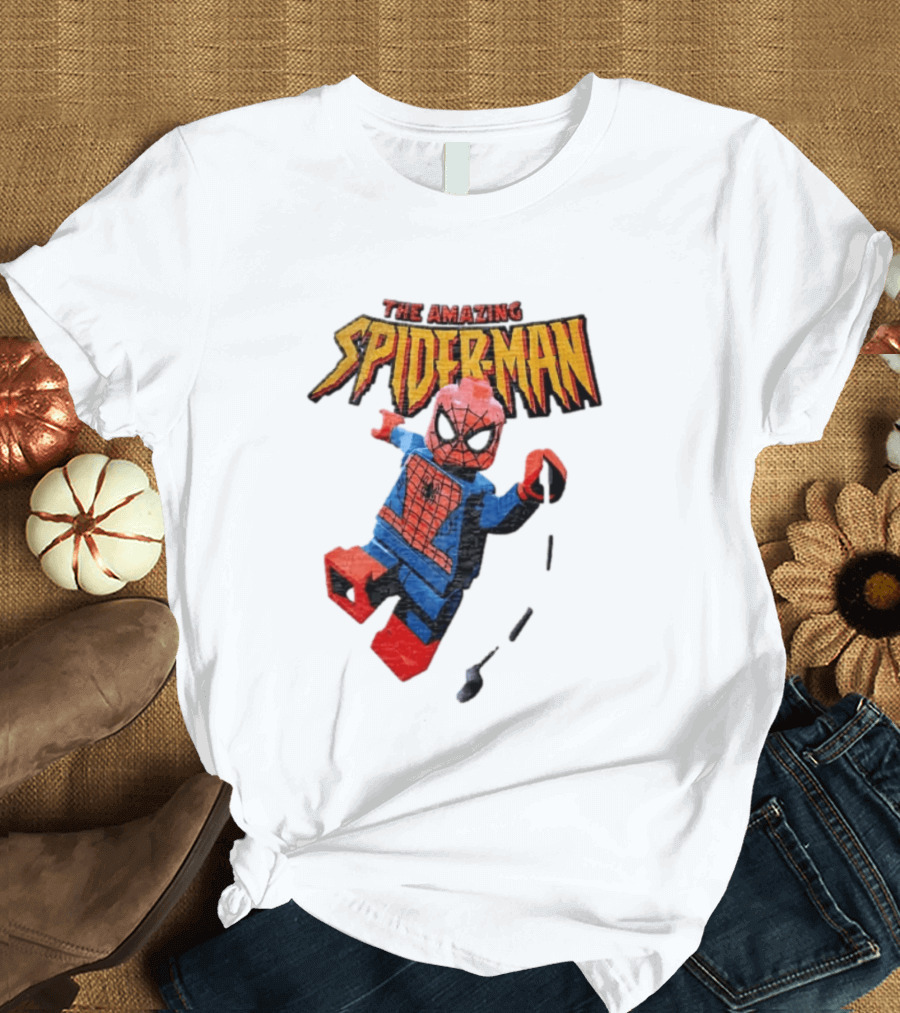 Spider Man The Amazing Lego Minifigure Swinging On Web Iconic Marvel Hero T-Shirt