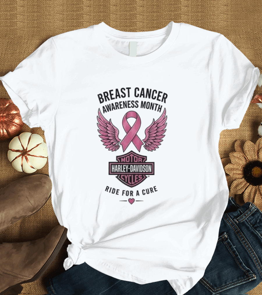 Breast Cancer Awareness Month Harley Davidson Motor Cycles Pink Ribbon Ride For A Cure T-Shirt