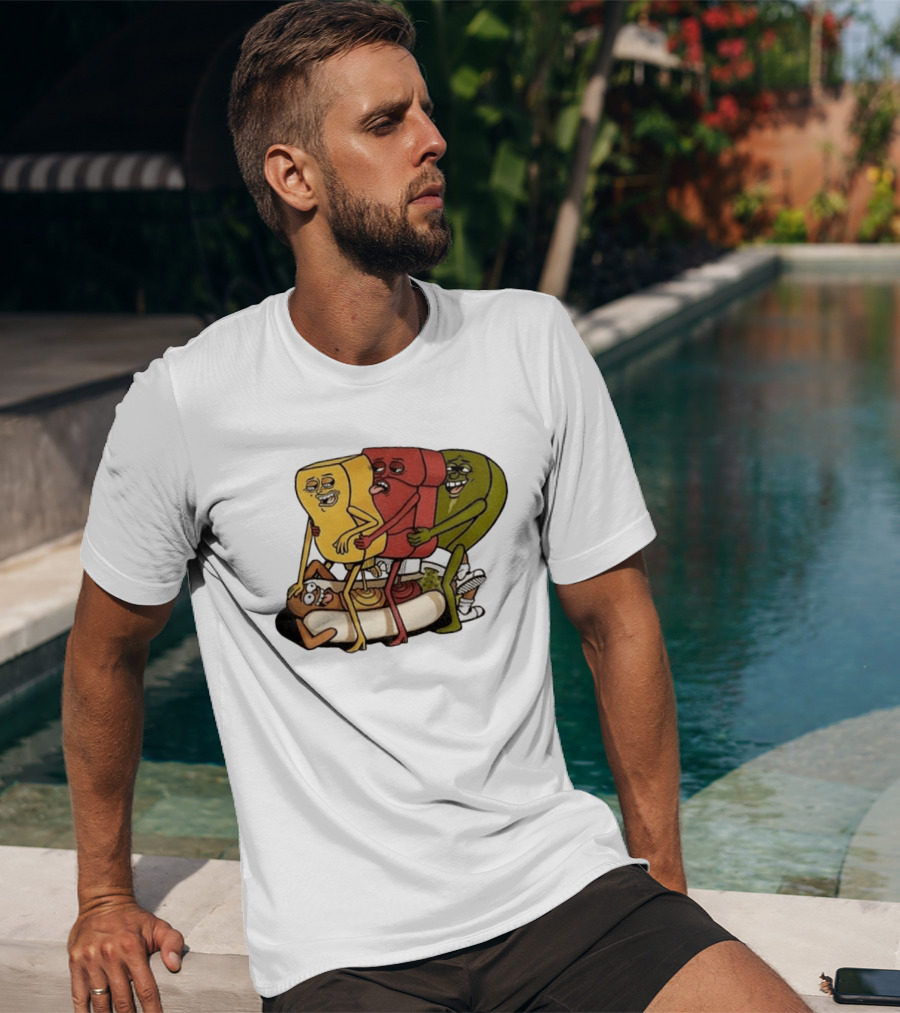 Hot Dog Topped With Mustard Ketchup And Relish Cartoon Characters T-Shirt