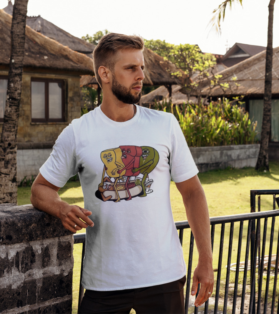 Hot Dog Topped With Mustard Ketchup And Relish Cartoon Characters T-Shirt