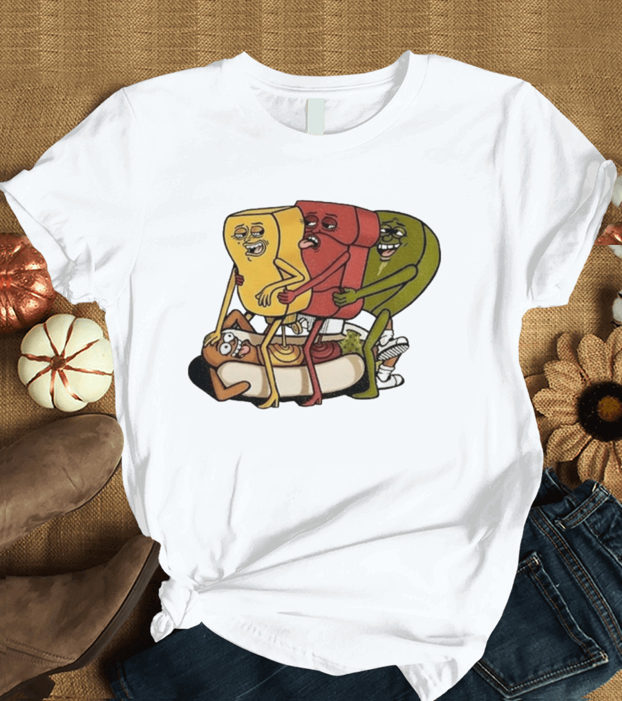 Hot Dog Topped With Mustard Ketchup And Relish Cartoon Characters T-Shirt
