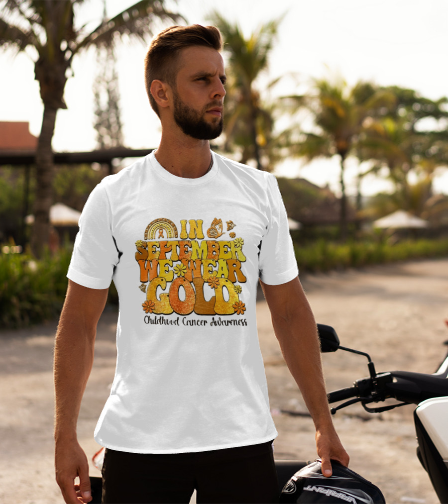 In September We Wear Gold Childhood Cancer Awareness Groovy Rainbow Butterfly Flower Motif T-Shirt