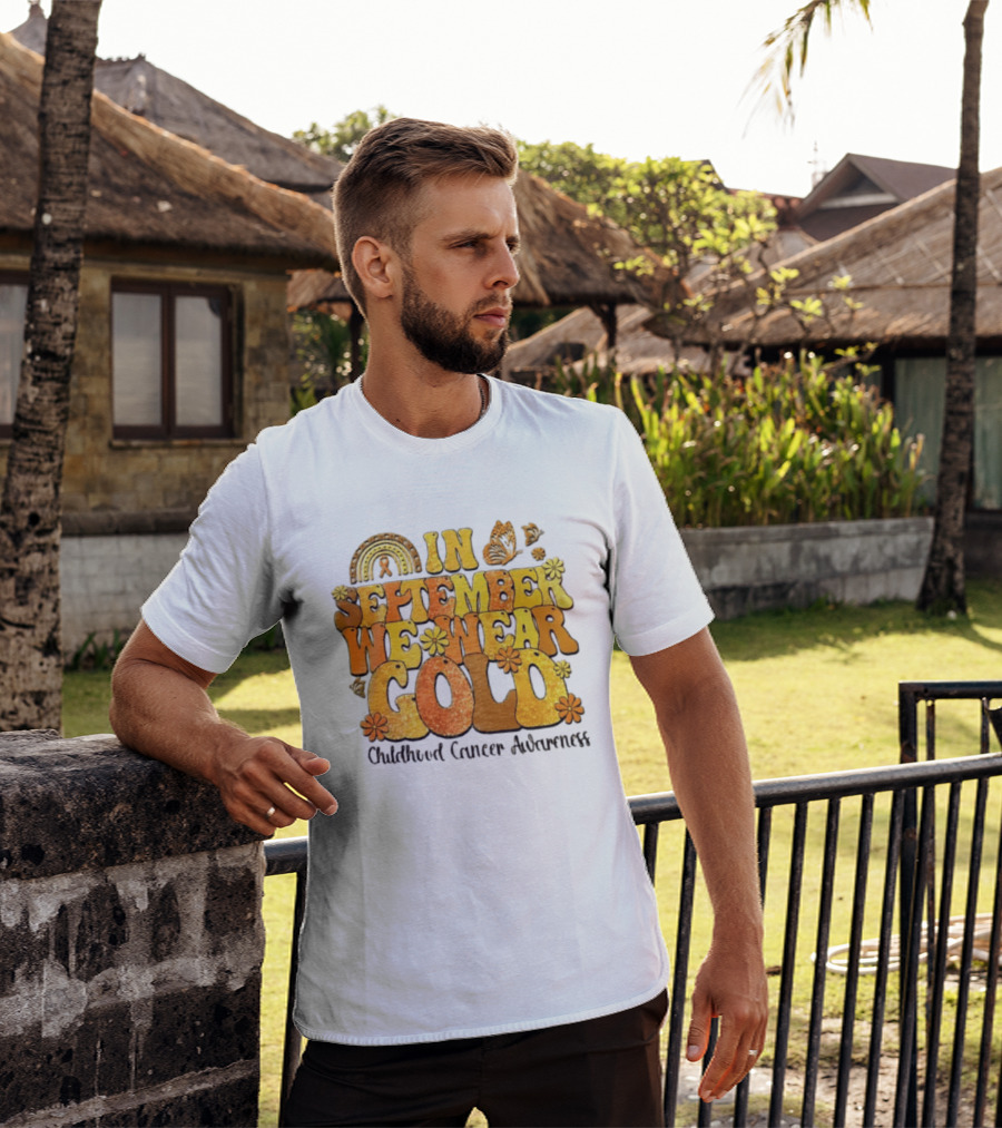 In September We Wear Gold Childhood Cancer Awareness Groovy Rainbow Butterfly Flower Motif T-Shirt