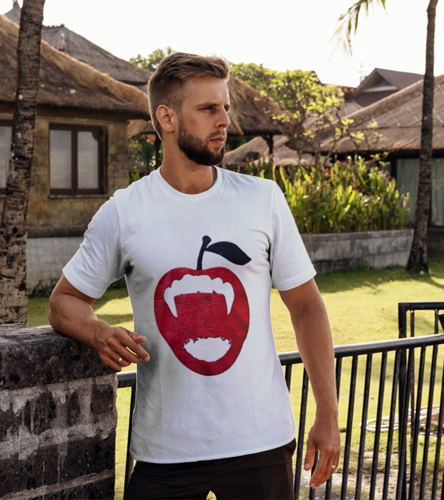 Red Apple Vampire Fangs Halloween Cutout T-Shirt