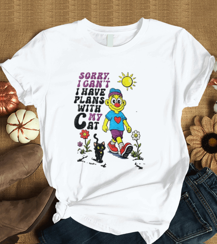 Sorry I Can't I Have Plans With My Cat Cartoon Yellow Figure Walking Sunflowers T-Shirt