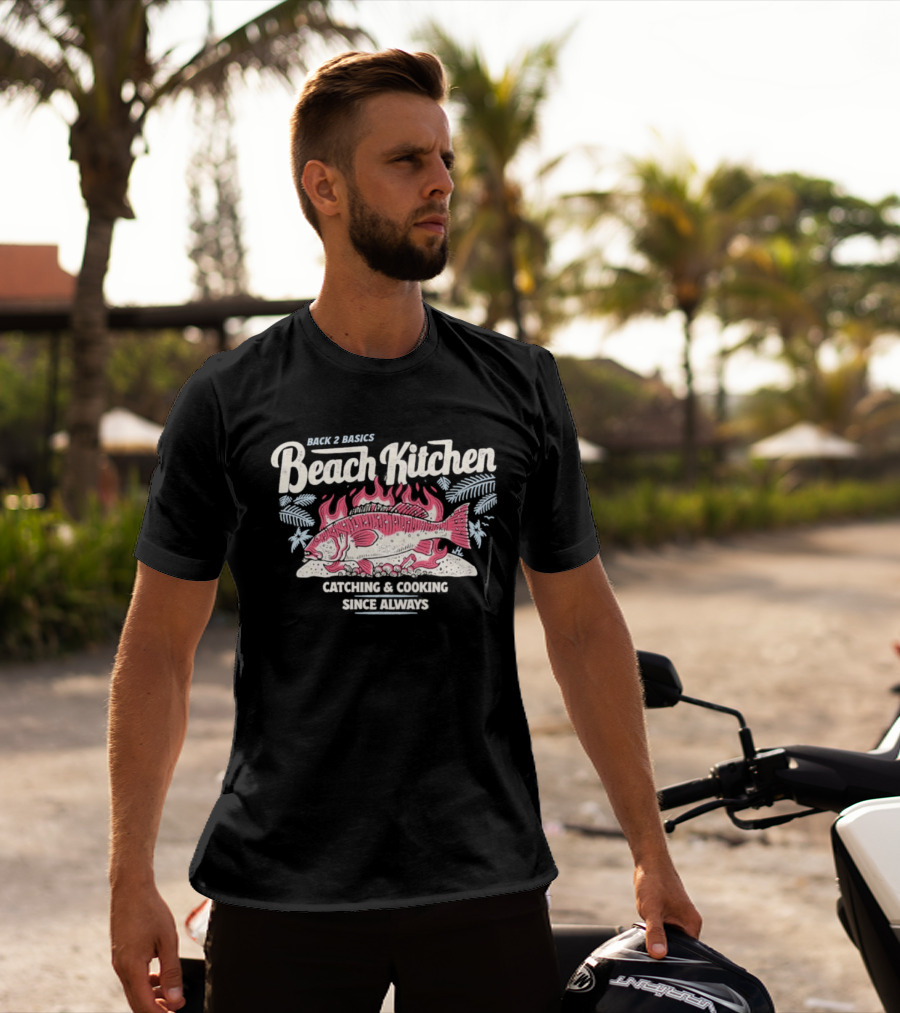 Back 2 Basics Beach Kitchen Catching Cooking Since Always Vintage Fish And Flames T-Shirt