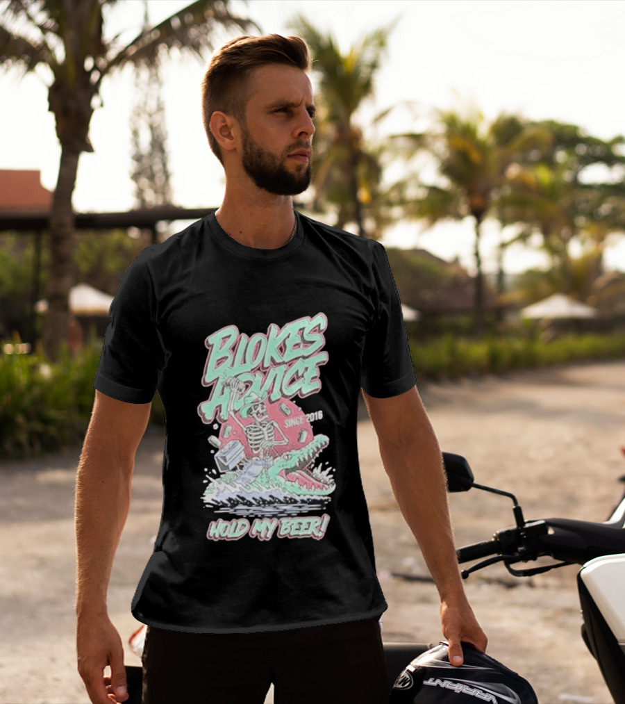 Blokes Advice Since 2016 Hold My Beer Skeleton Riding Alligator T-Shirt