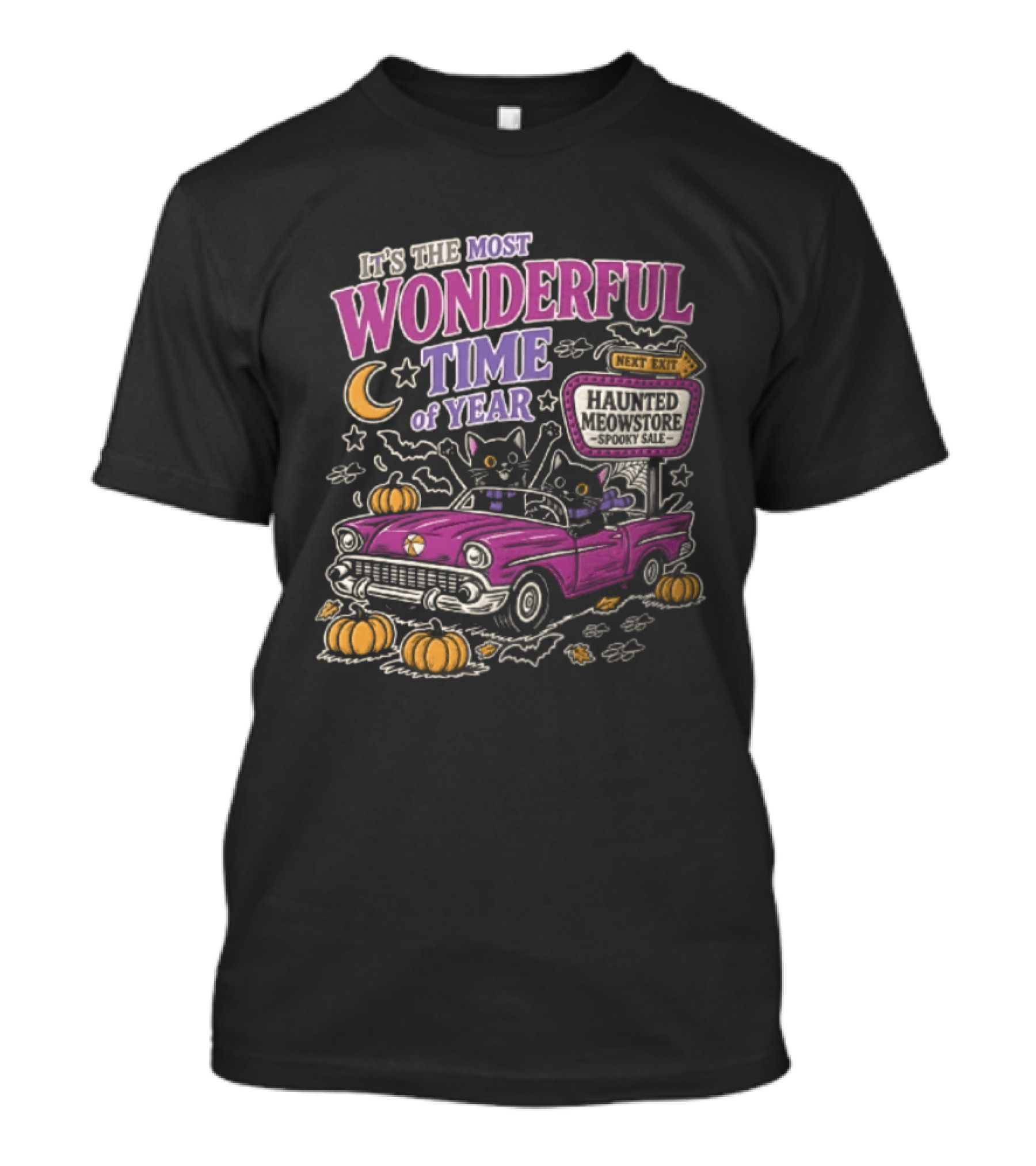 The Most Wonderful Time Of Year Halloween Cat And Pumpkins Retro Car T-Shirt