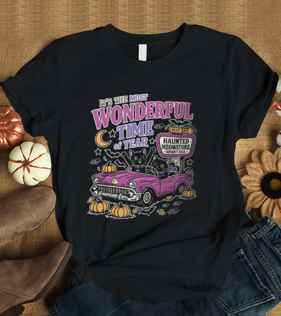 The Most Wonderful Time Of Year Halloween Cat And Pumpkins Retro Car T-Shirt