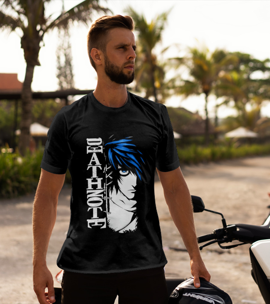 L From Death Note Distressed Anime Blue Hair White T-Shirt