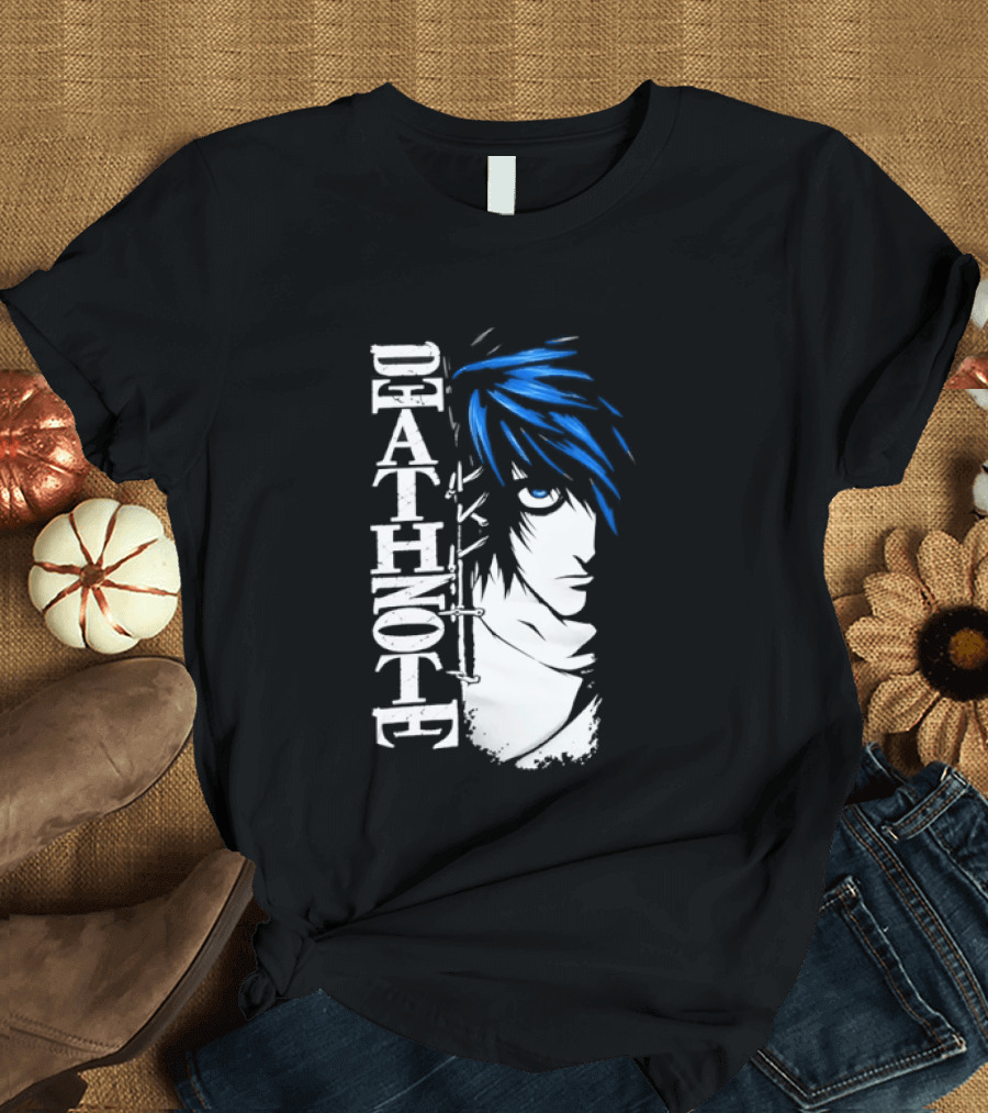 L From Death Note Distressed Anime Blue Hair White T-Shirt