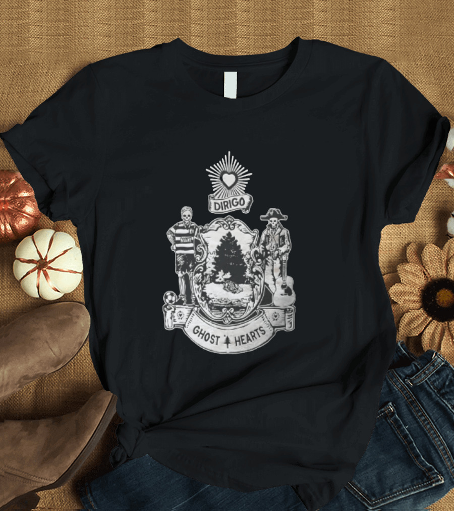 Dirigo Ghost Hearts Maine Crest With Skeleton Soccer And Guitar Players T-Shirt