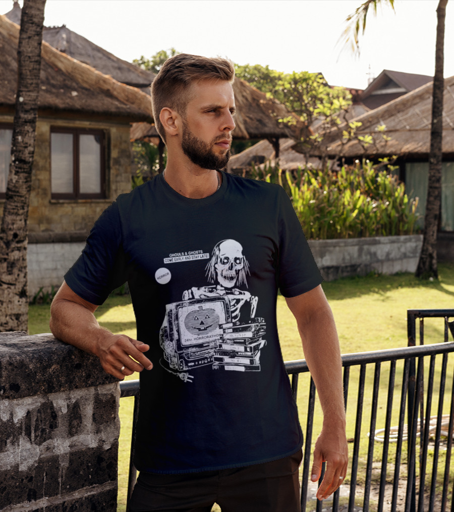 Ghouls And Ghosts 24hr Horrorathon Skeleton With TV And Pumpkin T-Shirt