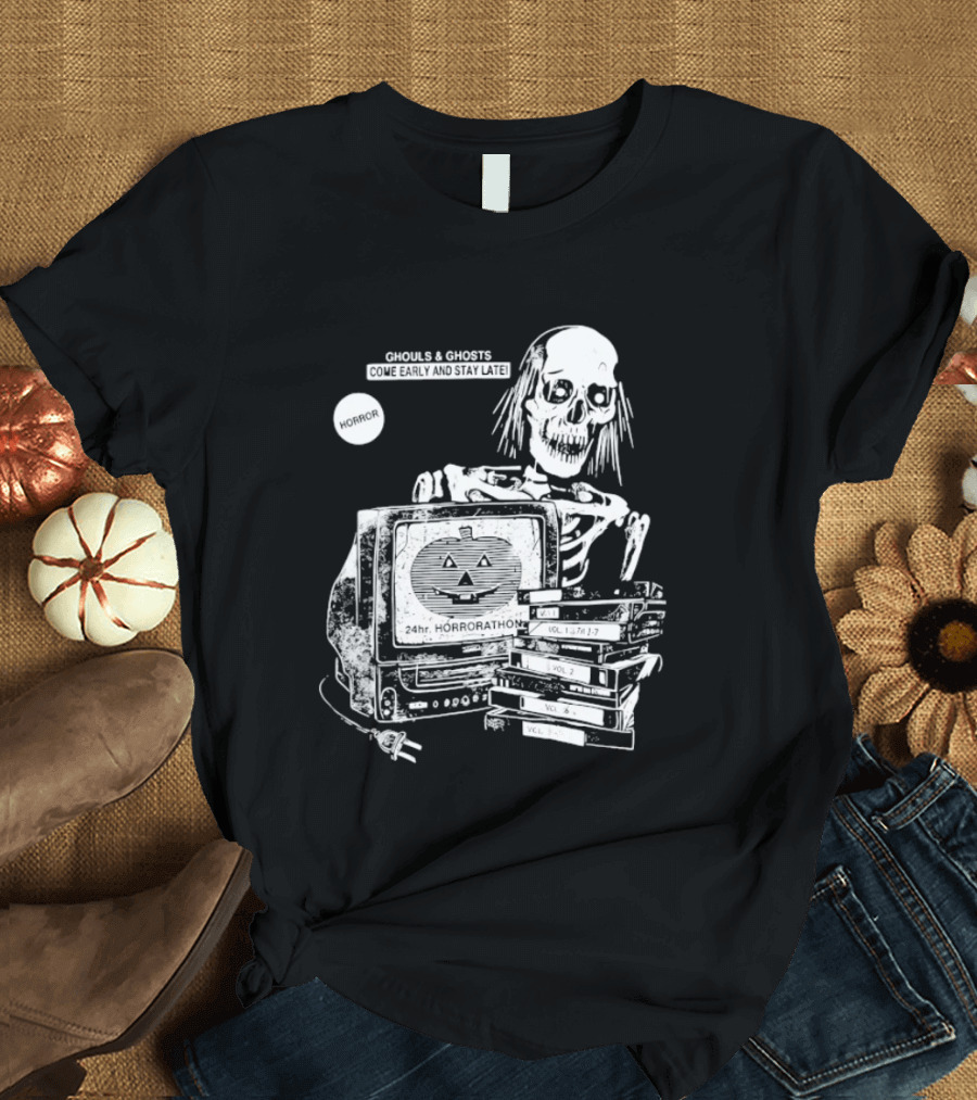 Ghouls And Ghosts 24hr Horrorathon Skeleton With TV And Pumpkin T-Shirt