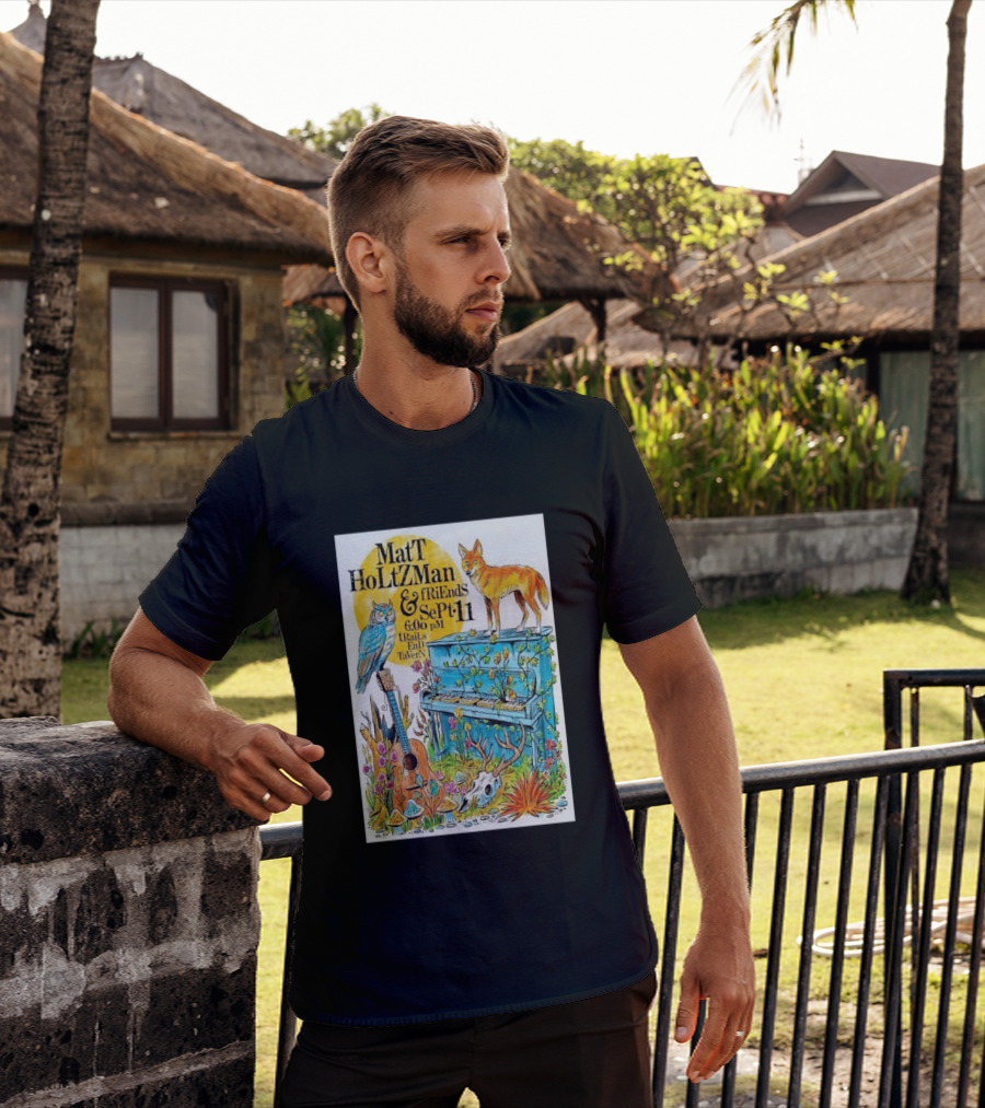 Matt Holtzman And Friends Live Music Event At Trails End Tavern September 11 Featuring Fox And Owl With Guitar And Piano Illustrations T-Shirt