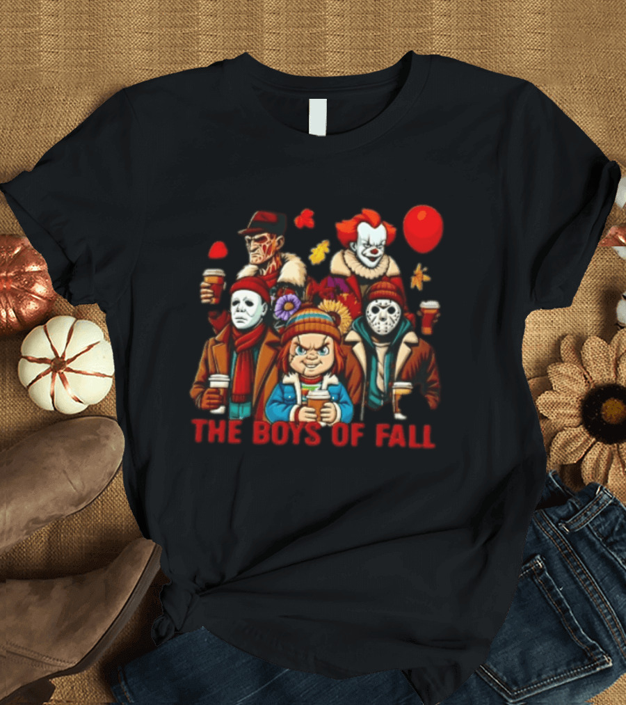 The Boys Of Fall Horror Movie Villains Holding Coffee Autumn Leaves Cartoon Balloons T-Shirt