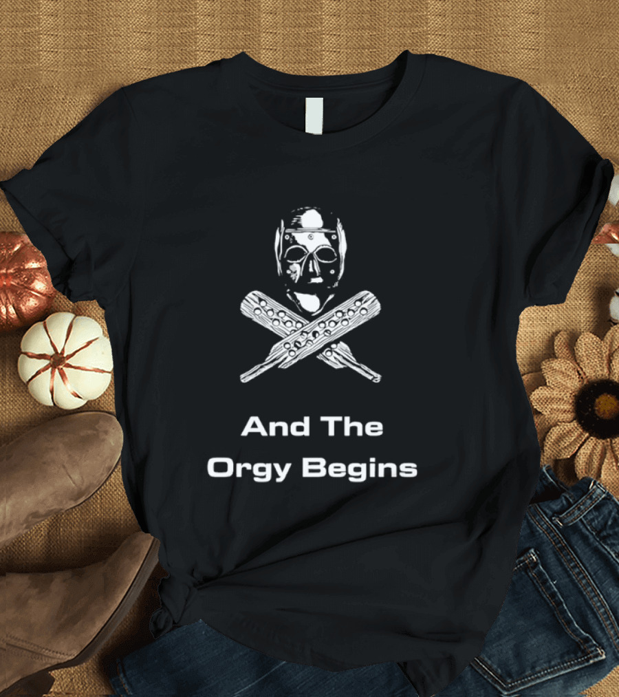 And The Orgy Begins Horror Cult Classic Hockey Mask Crossed Bats T-Shirt