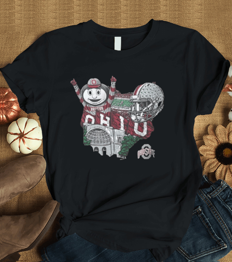 Ohio State Buckeyes Brutus Ohio Map Helmet Stadium T-Shirt