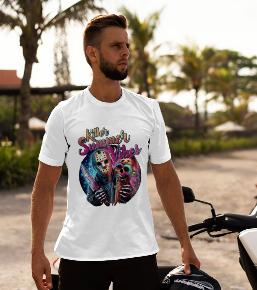 Killer Summer Vibes Hockey Mask Slasher Knife Skull Ice Cream Cone Cosmic T-Shirt