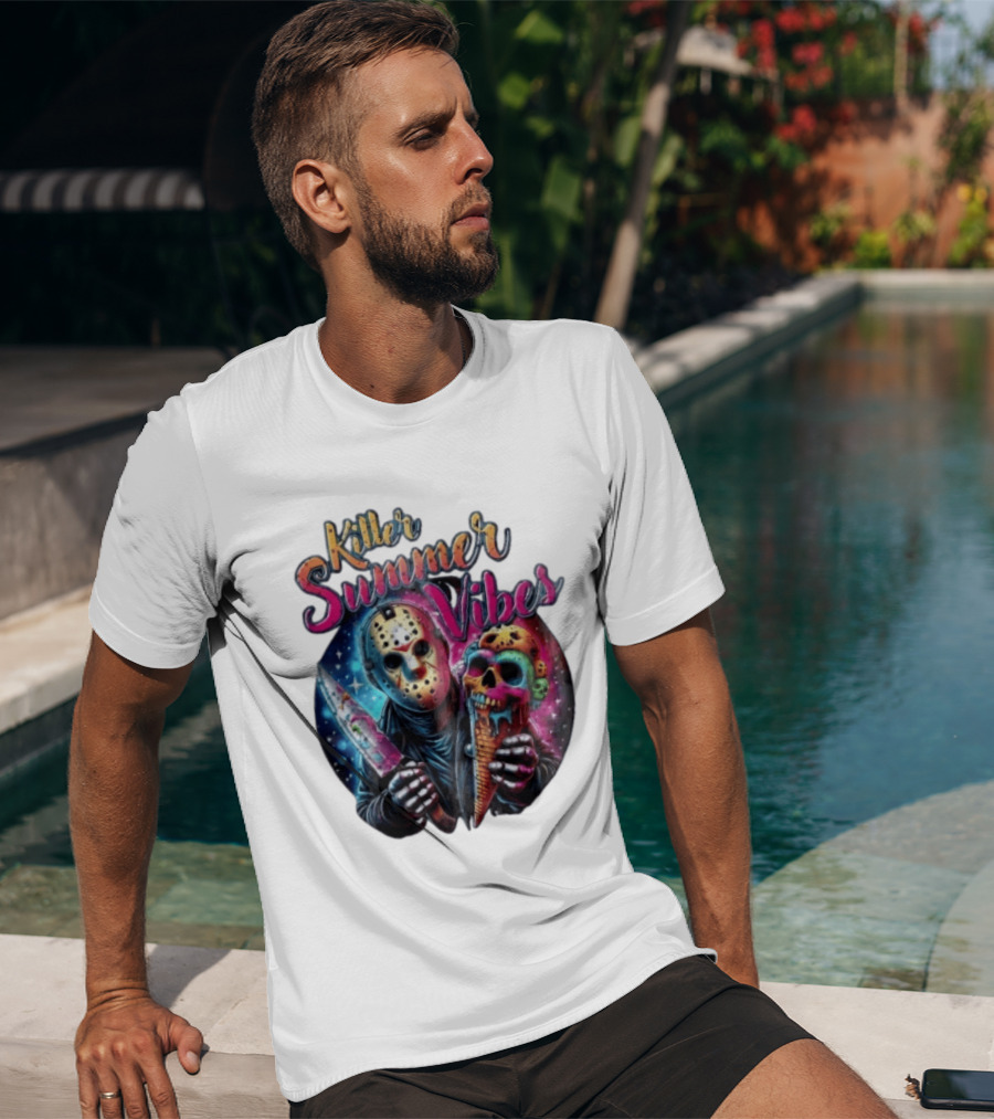 Killer Summer Vibes Hockey Mask Slasher Knife Skull Ice Cream Cone Cosmic T-Shirt