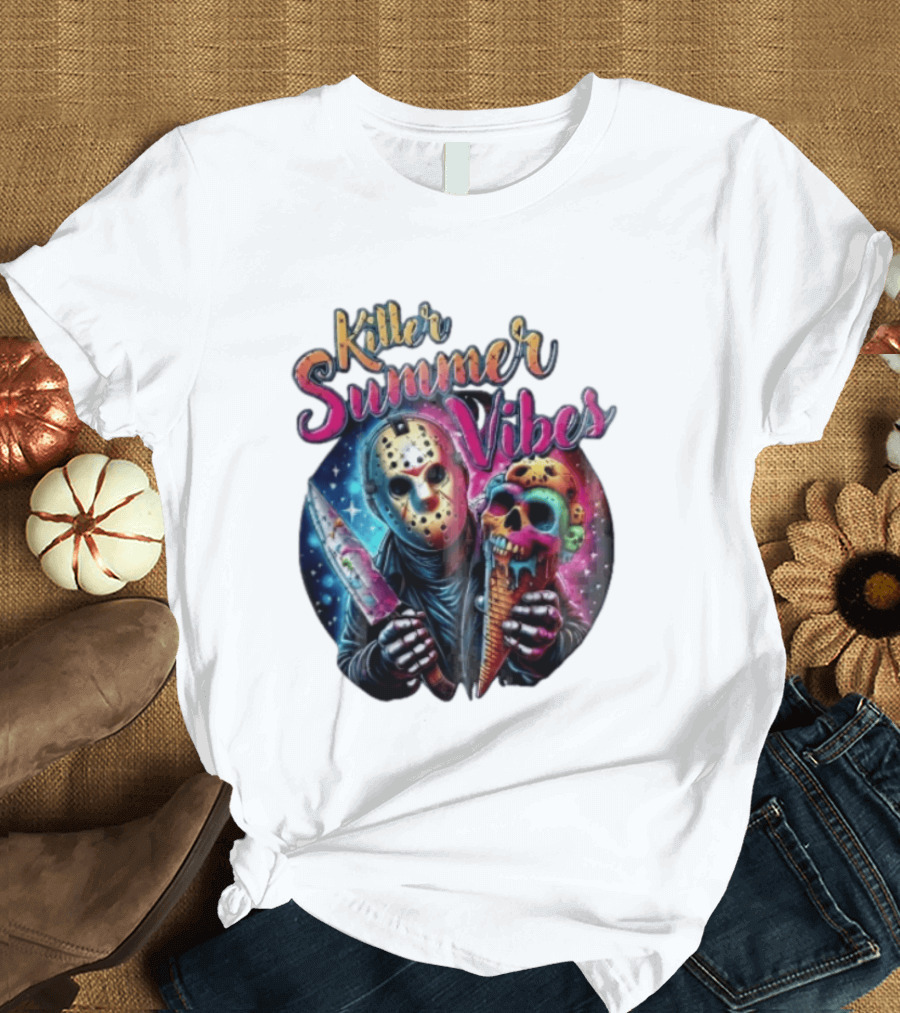 Killer Summer Vibes Hockey Mask Slasher Knife Skull Ice Cream Cone Cosmic T-Shirt