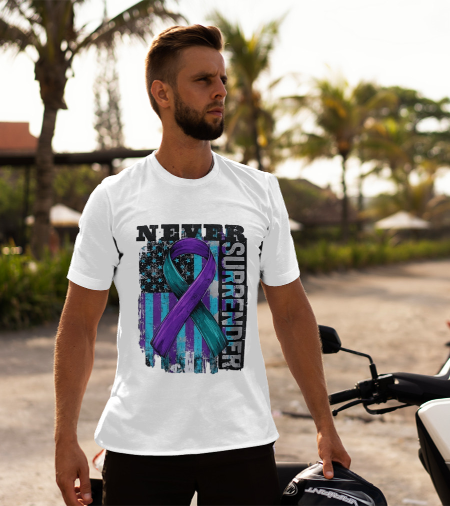 Never Surrender Teal And Purple Awareness Ribbon Distressed Flag T-Shirt
