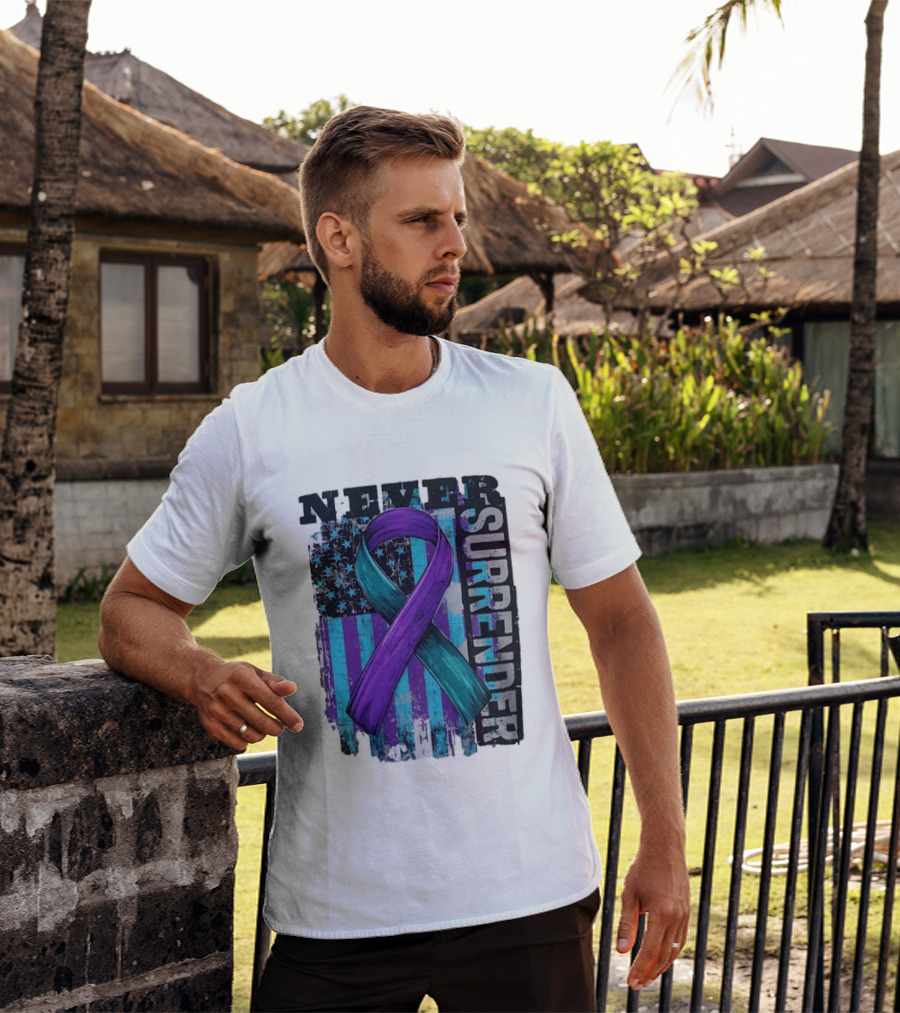 Never Surrender Teal And Purple Awareness Ribbon Distressed Flag T-Shirt