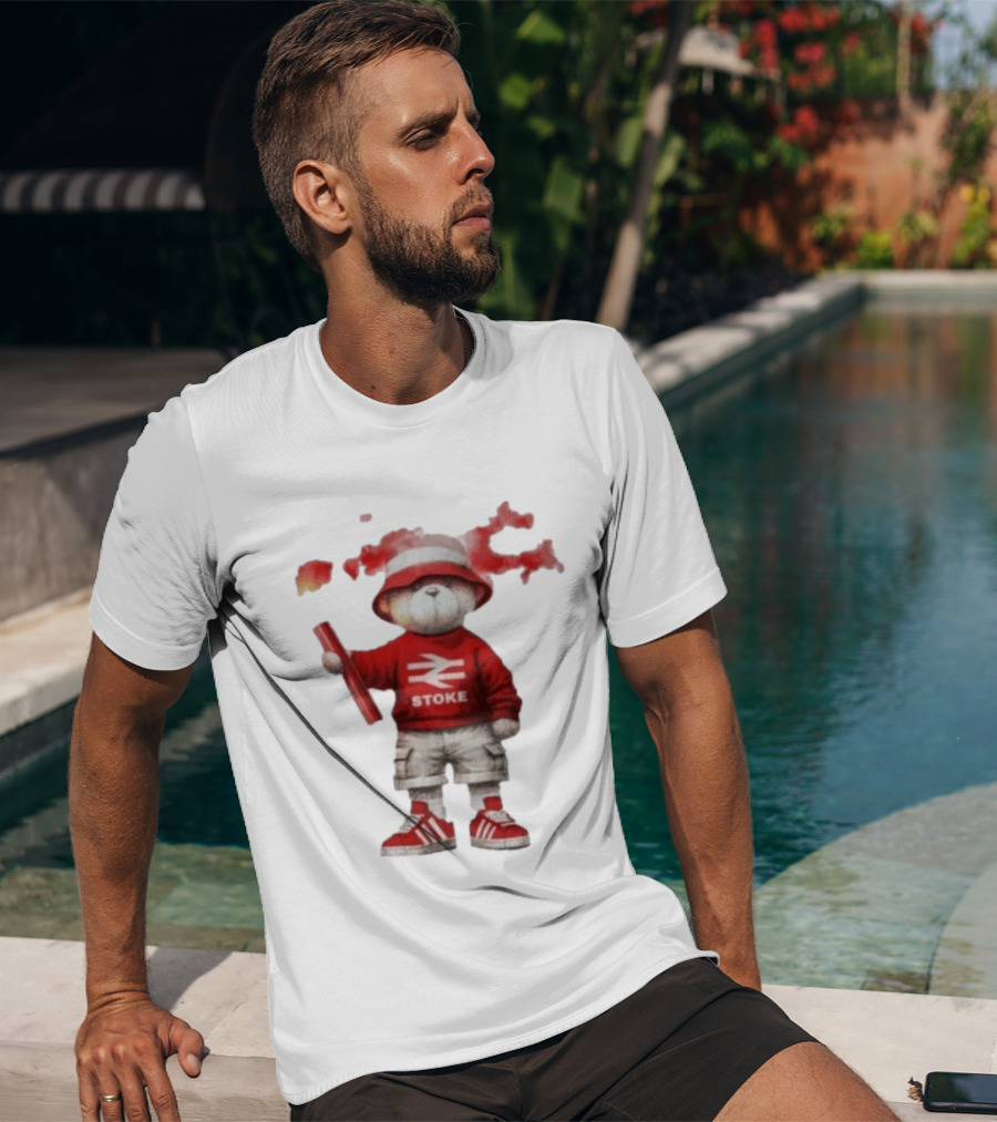 Stoke Awaydays Bear With Flare Football Casuals Railway Logo Bucket Hat Red Sneakers T-Shirt