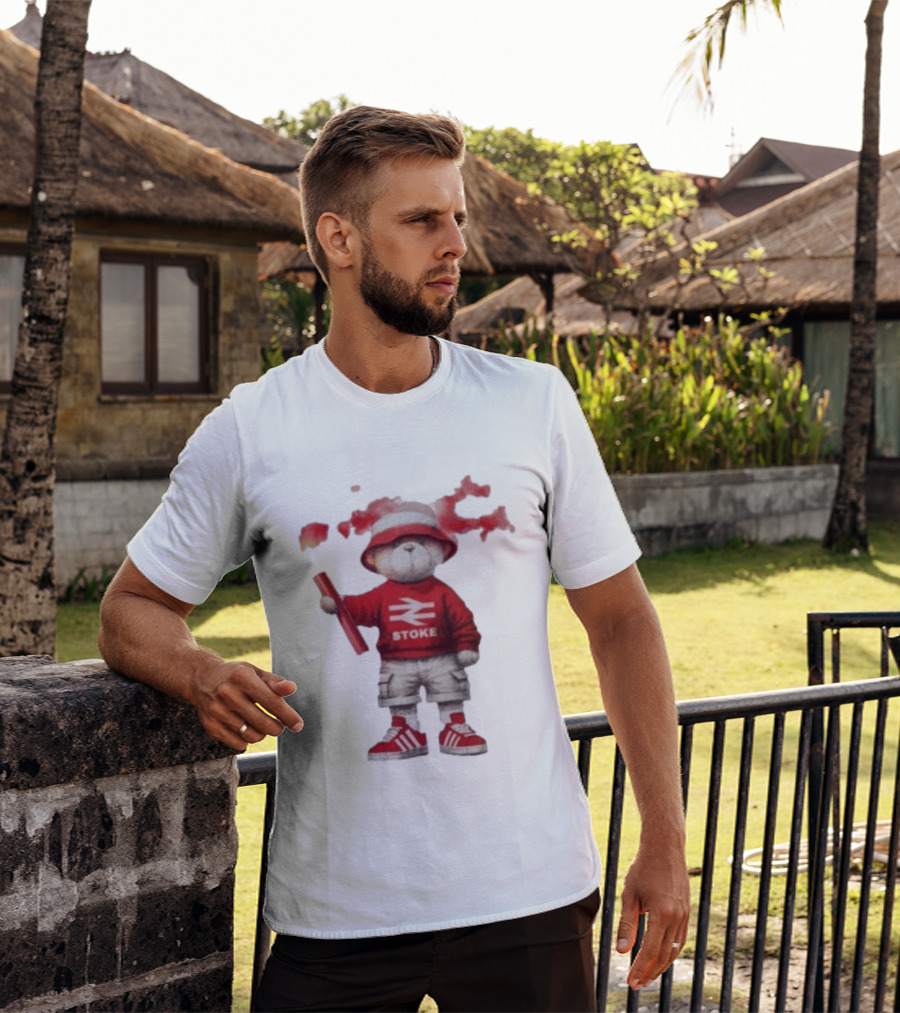 Stoke Awaydays Bear With Flare Football Casuals Railway Logo Bucket Hat Red Sneakers T-Shirt