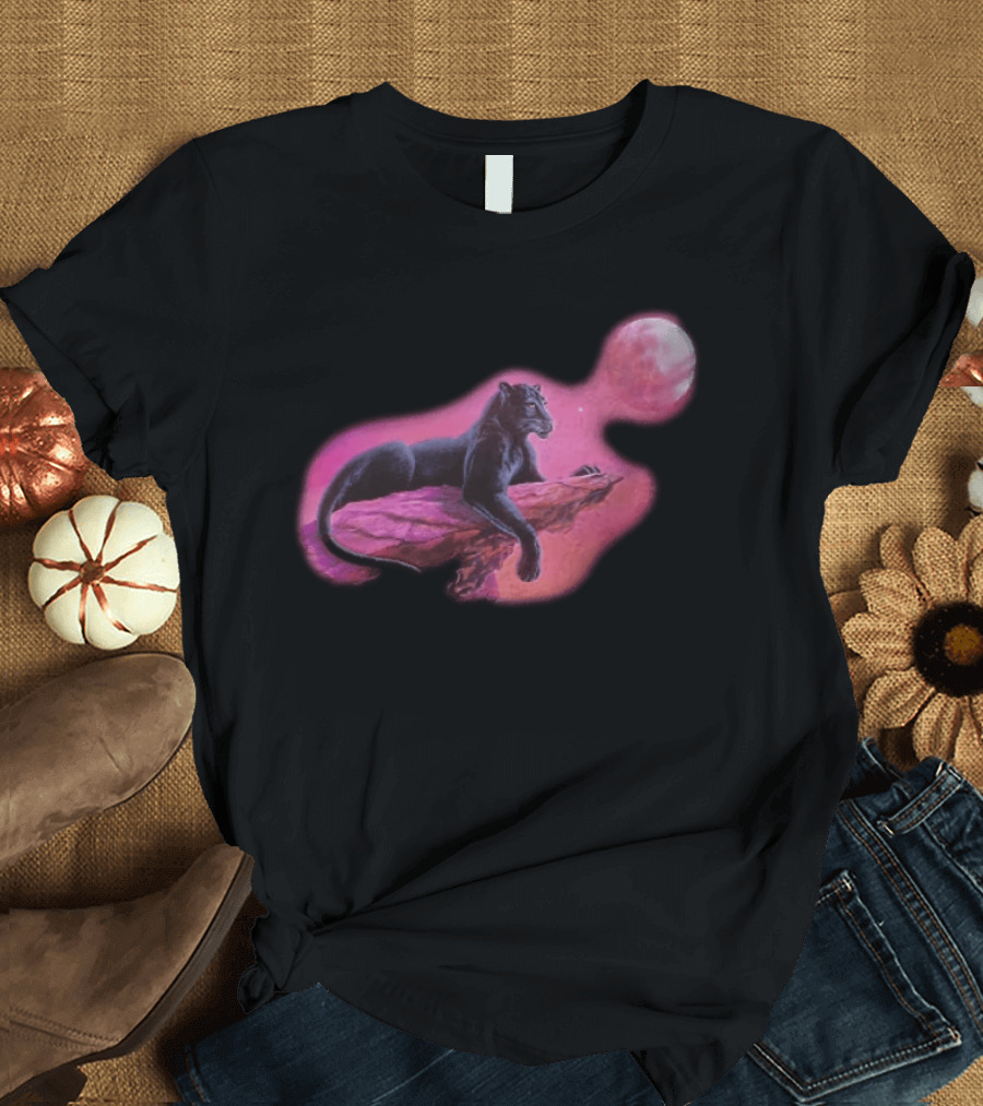 Black Panther On Rock With Pink Moonlit Night Sky T-Shirt