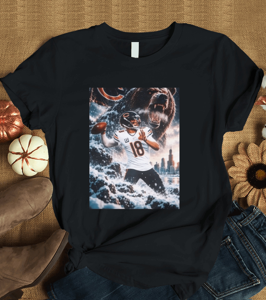 Caleb Williams Chicago Bears Snowy Football Bear Quarterback Number 18 City Skyline T-Shirt