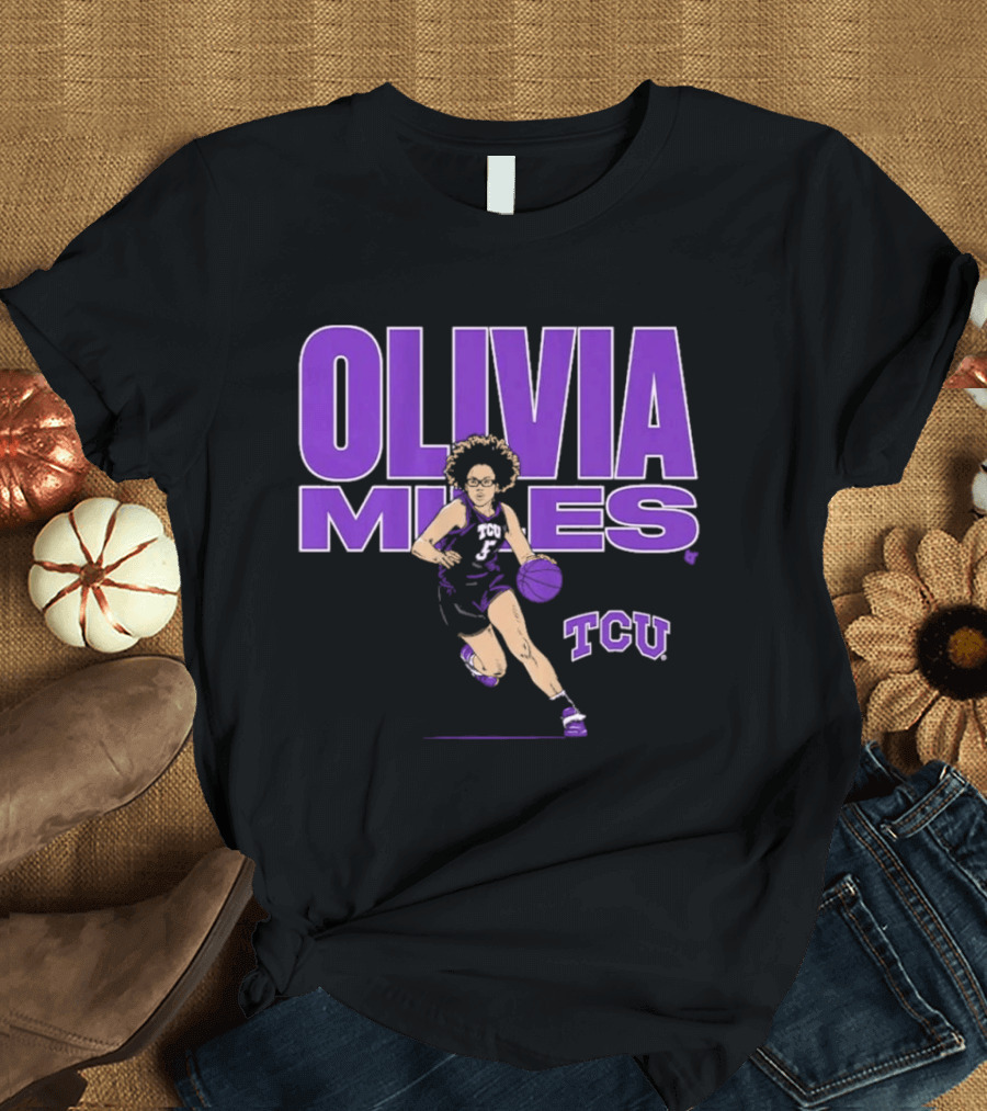 TCU Basketball Olivia Miles Name Pose Purple And White Basketball Player T-Shirt