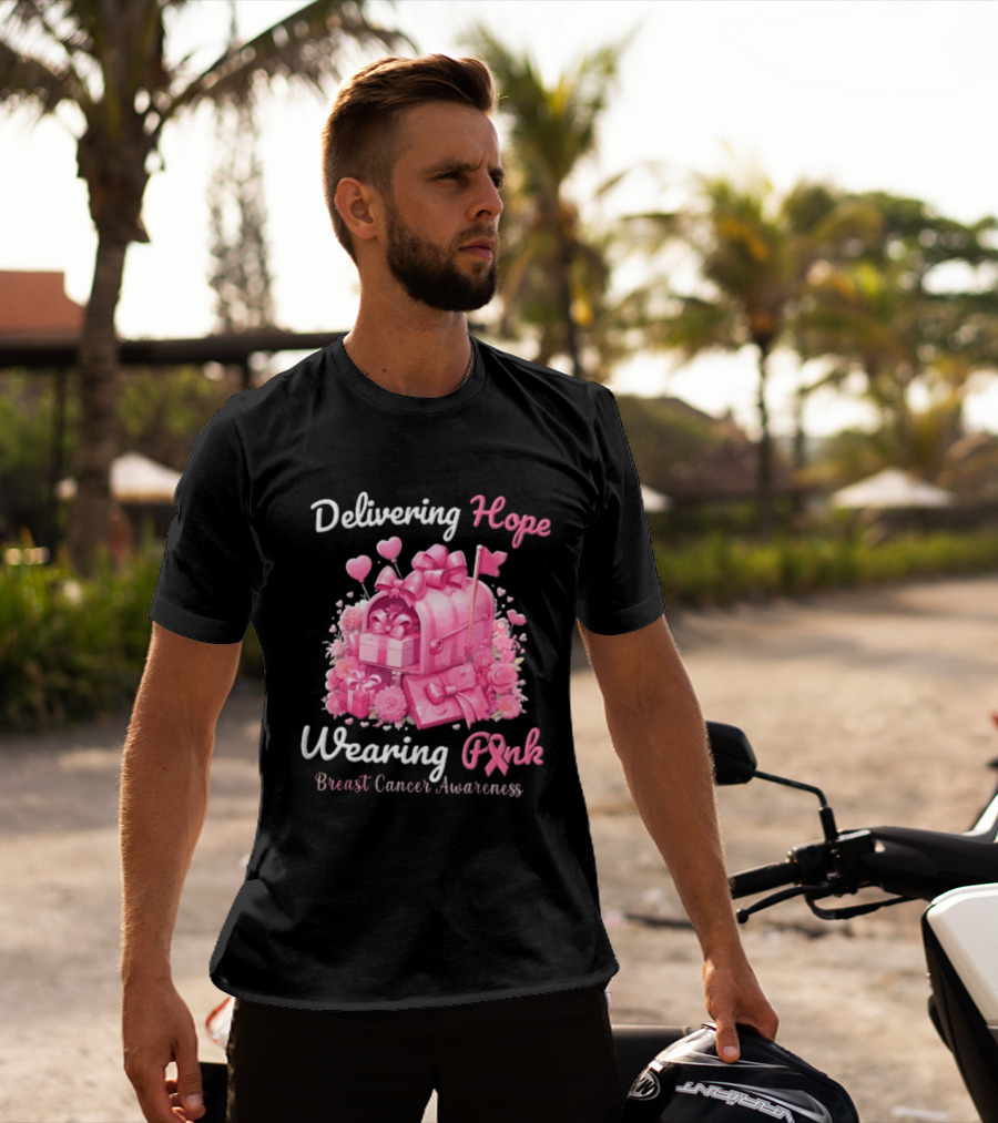 Delivering Hope Wearing Pink Breast Cancer Awareness Mailbox Wrapped Presents Heart Balloons Flowers T-Shirt