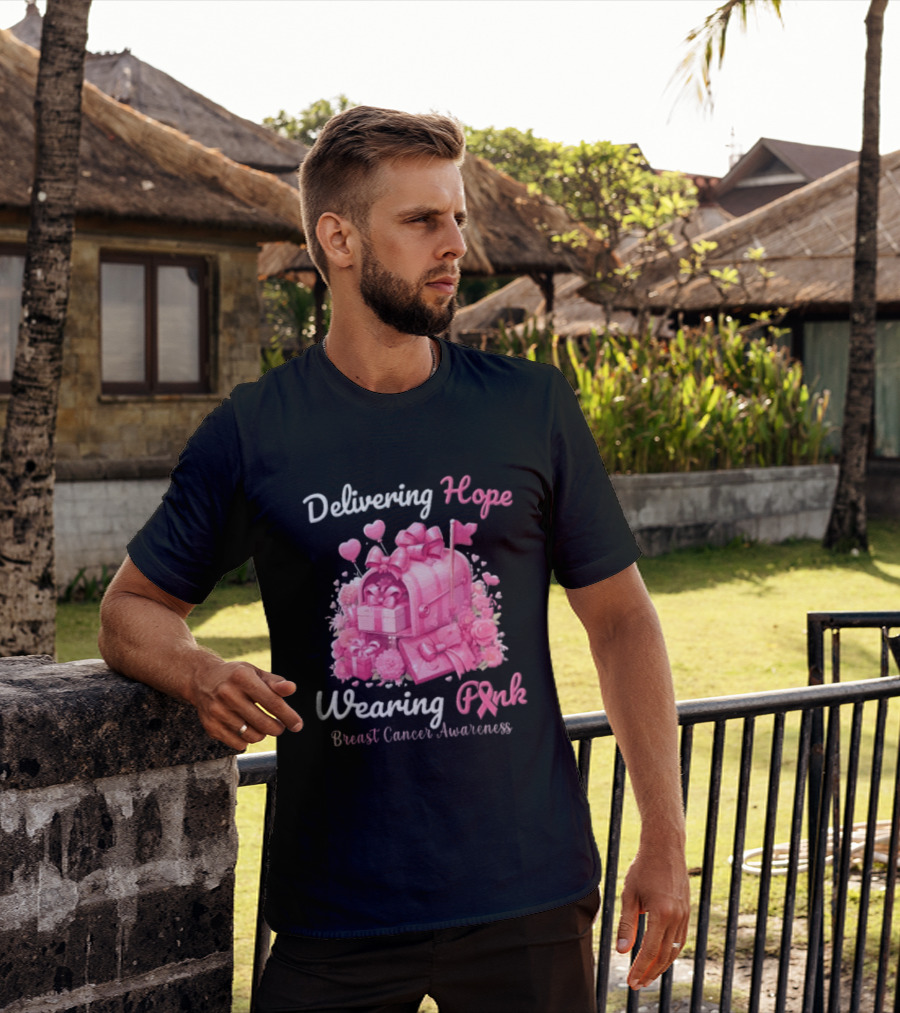 Delivering Hope Wearing Pink Breast Cancer Awareness Mailbox Wrapped Presents Heart Balloons Flowers T-Shirt
