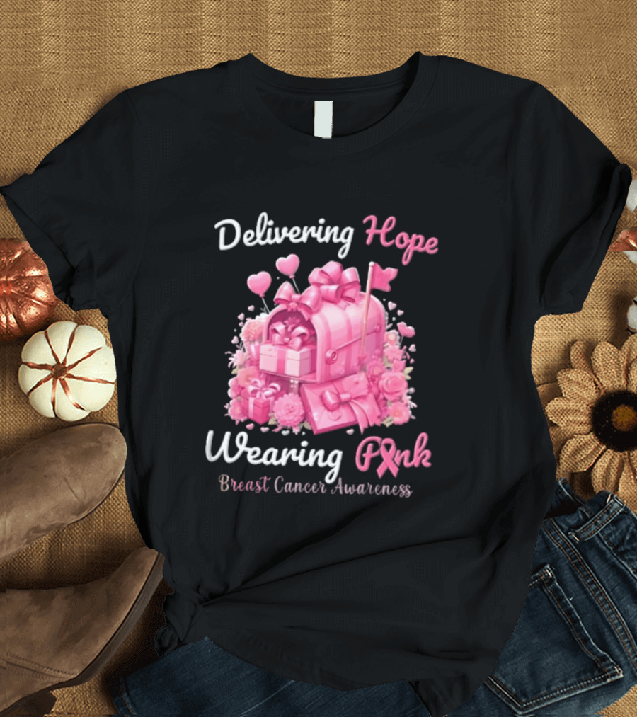 Delivering Hope Wearing Pink Breast Cancer Awareness Mailbox Wrapped Presents Heart Balloons Flowers T-Shirt