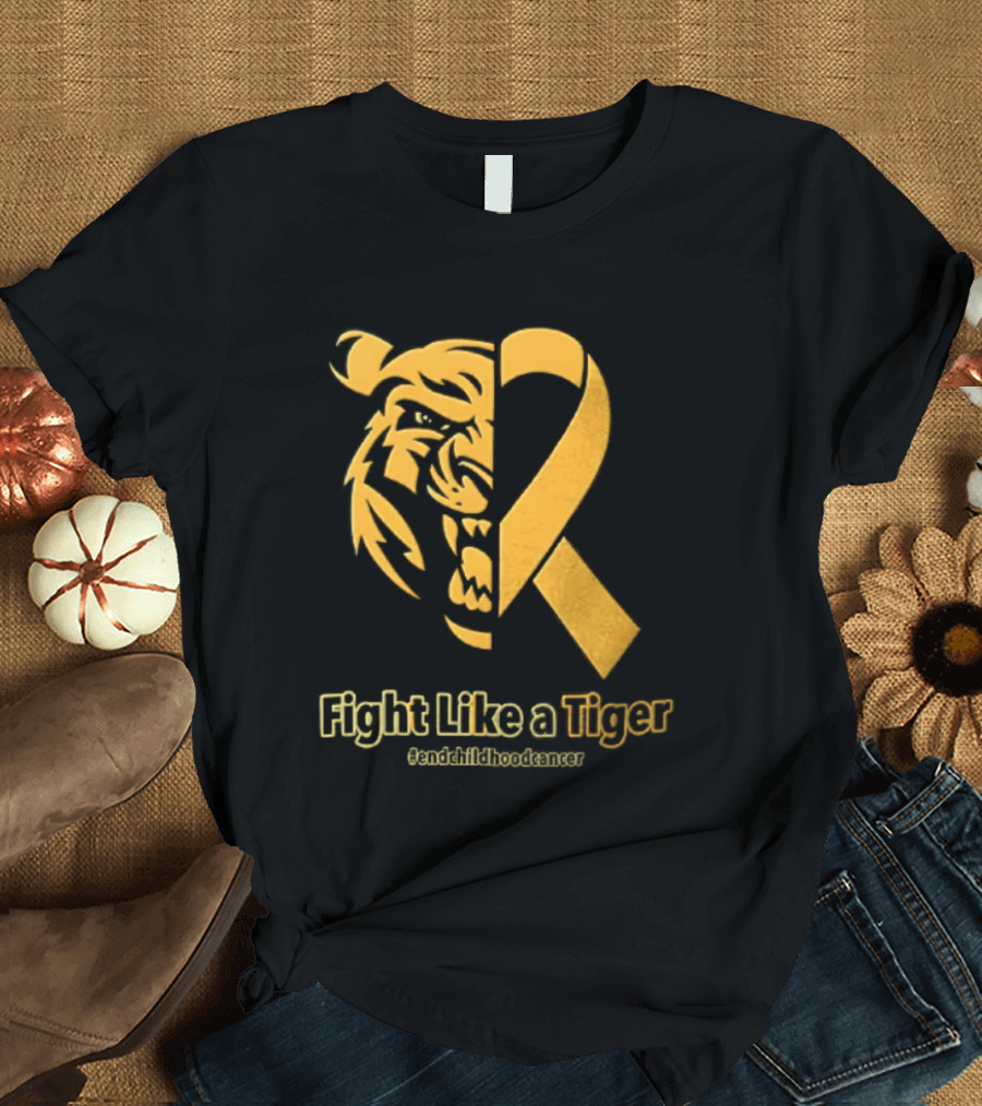 Fight Like A Tiger Childhood Cancer Awareness Gold Ribbon T-Shirt