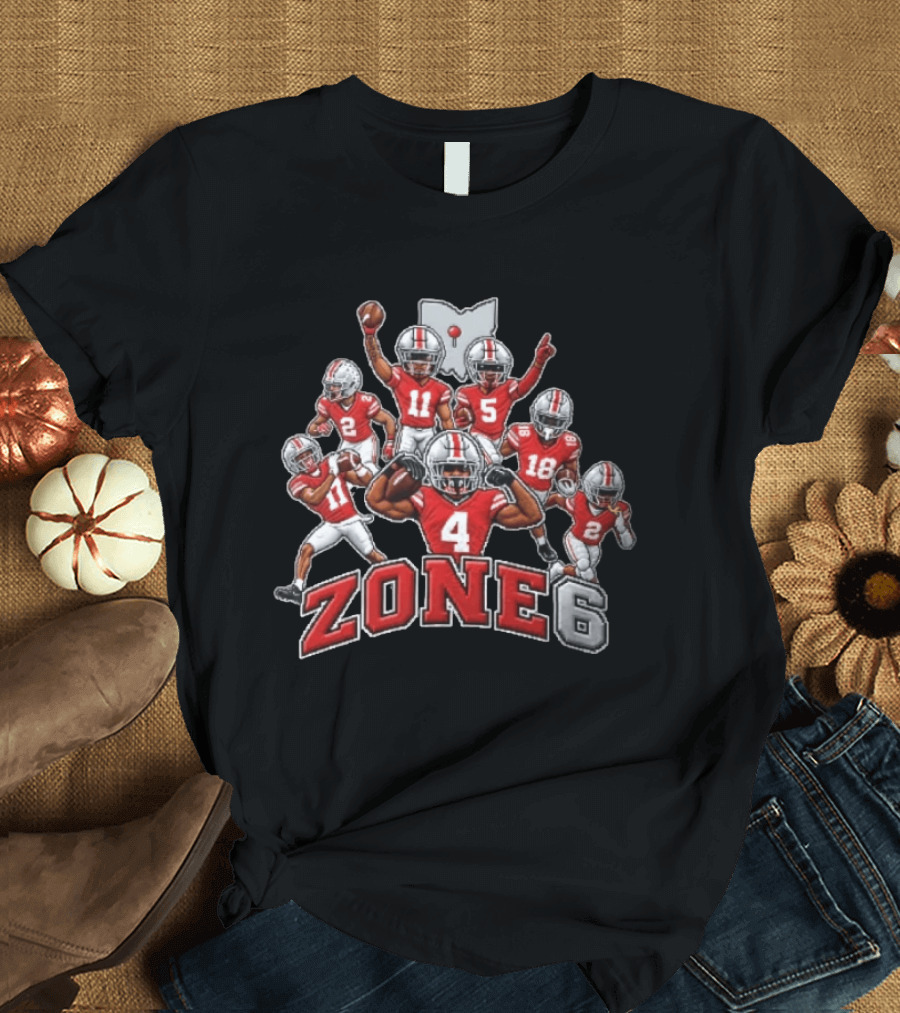 Zone 6 Ohio State Buckeyes Football Players With State Map And Numbers T-Shirt