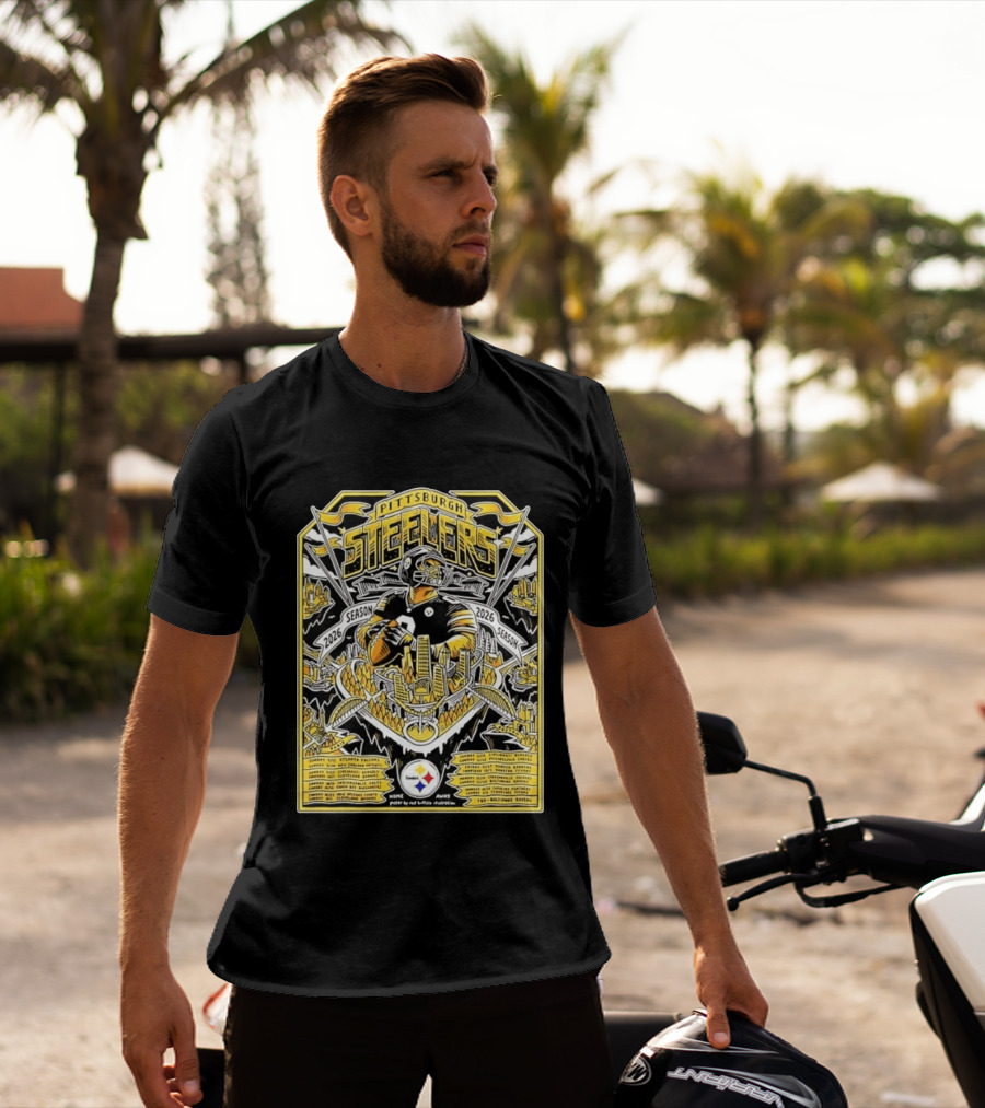Pittsburgh Steelers 2026 Season Schedule Featuring Iconic Cityscape And Player T-Shirt