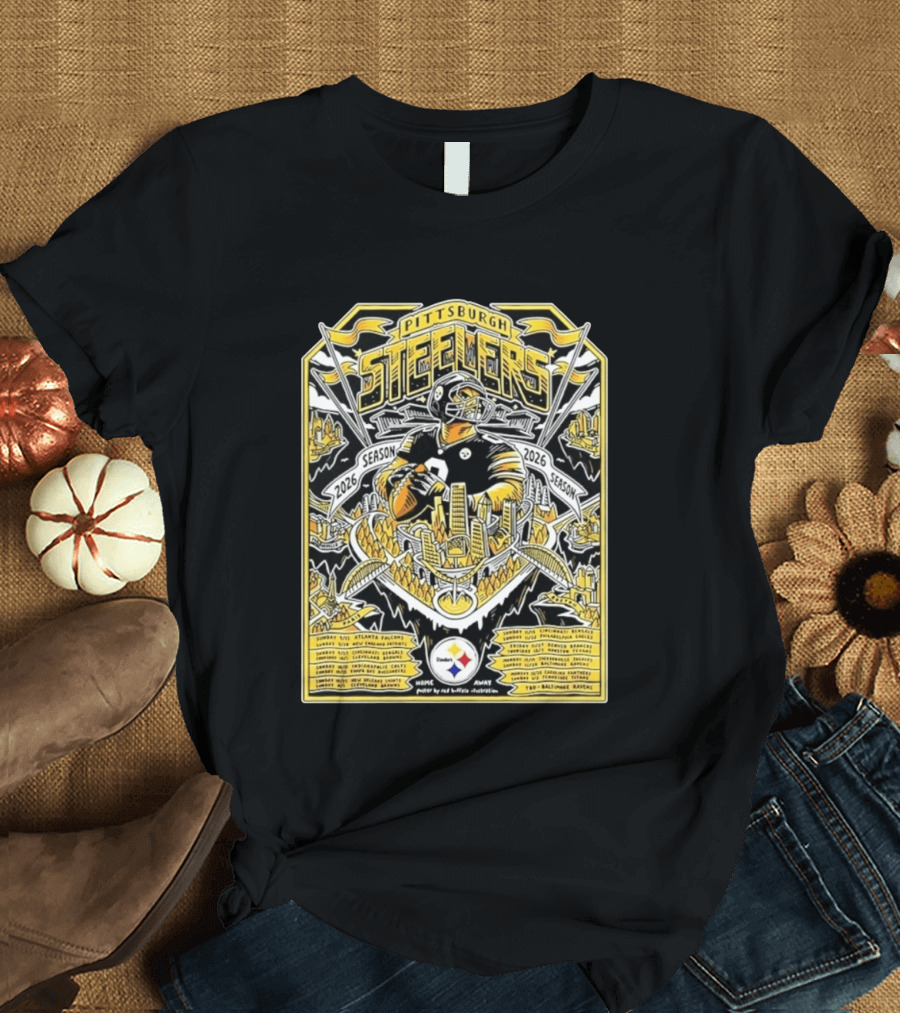 Pittsburgh Steelers 2026 Season Schedule Featuring Iconic Cityscape And Player T-Shirt
