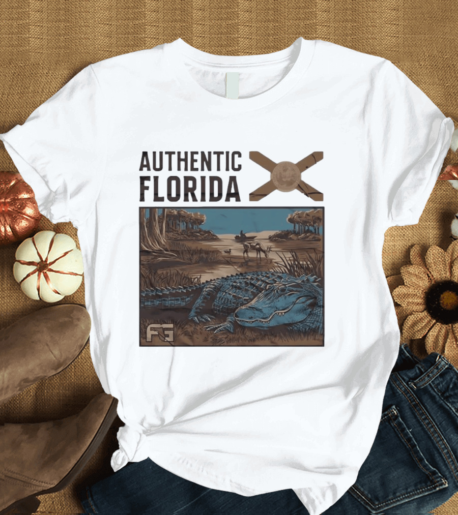 Authentic Florida Alligator With Canoe And Nature Scene T-Shirt