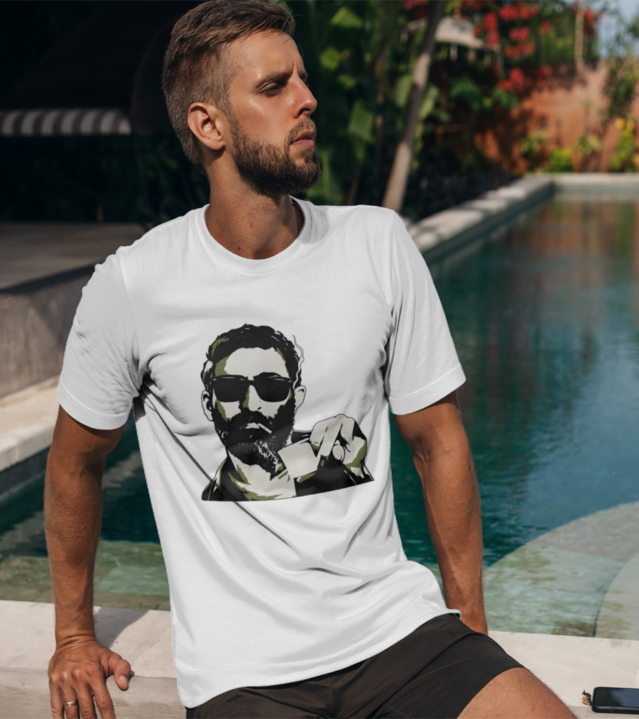 Bearded Man With Sunglasses Smoking Cigarette Holding Blank Card T-Shirt