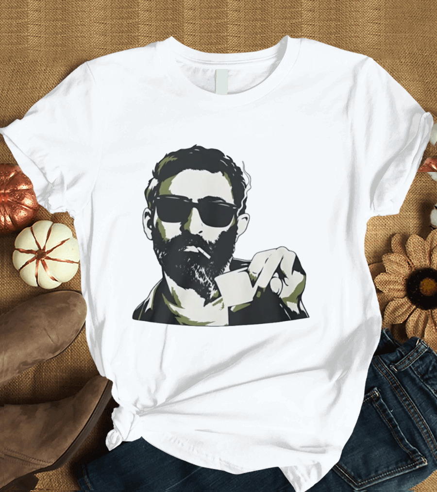 Bearded Man With Sunglasses Smoking Cigarette Holding Blank Card T-Shirt