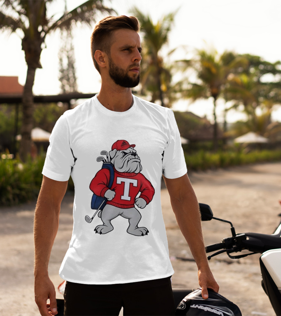 Bulldog Golf Mascot With Letter Sweater And Golf Bag T-Shirt