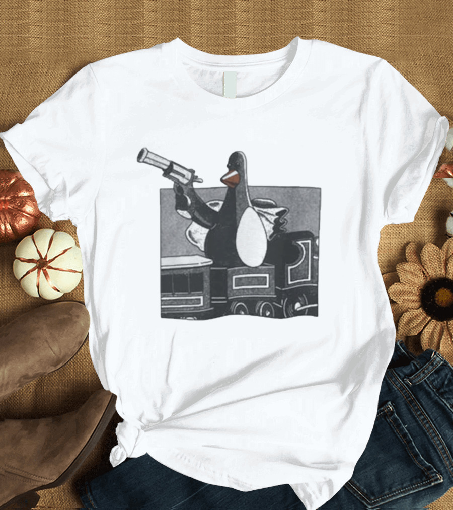 Evil Penguin With Gun On Train Vengeance Most Fowl McGraw T-Shirt