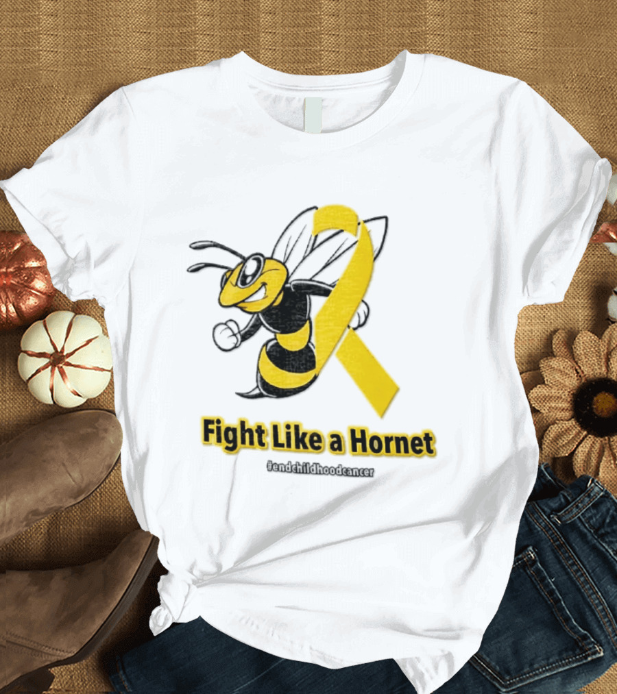 Fight Like A Hornet End Childhood Cancer Awareness Gold Ribbon T-Shirt