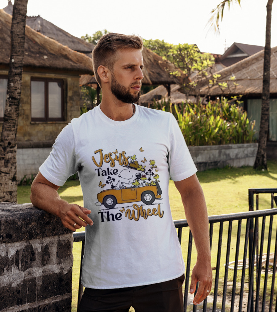 Snoopy Jesus Take The Wheel Butterflies Woodstock Driving Scene T-Shirt