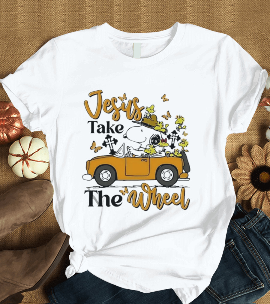 Snoopy Jesus Take The Wheel Butterflies Woodstock Driving Scene T-Shirt