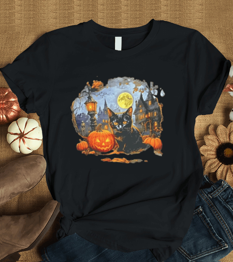 Black Cat Halloween Glowing Jack O' Lantern Haunted Mansion Full Moon Scene T-Shirt